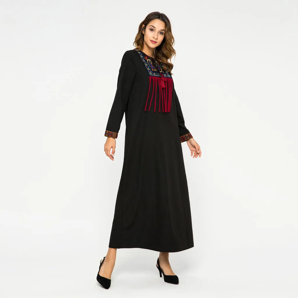 Женское платье с длинным рукавом круглым вырезом и вышивкой|Мусульманская