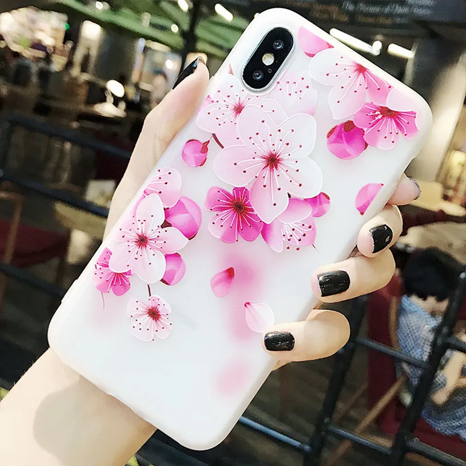 Phone Case For iPhone 7 8 Plus Soft TPU 3D Relief Floral Protective Cover X 6S 6 Girly Full Coverage |