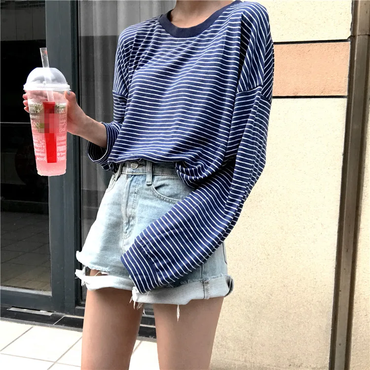 YouGeMan футболка Femme Весна Осень корейский стиль Ulzzang Harajuku ретро длинный рукав o-образный вырез полосатая футболка для женщин топы