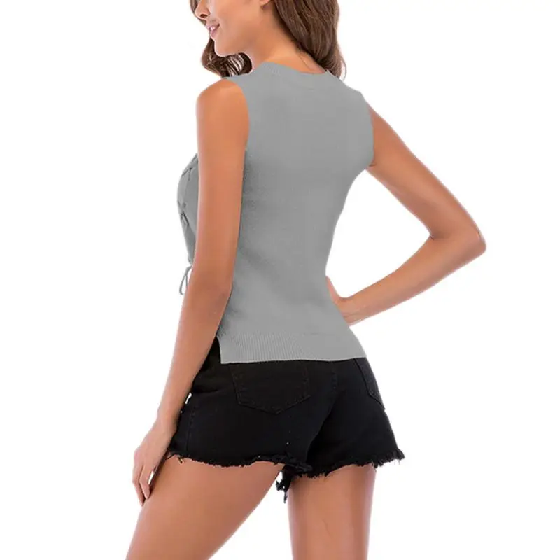 

Summer Tank Clothes For Women Sexy Solid V-Neck Side Bandage Vest Sleeveless Slim Knitted Thread Design Tanks P2