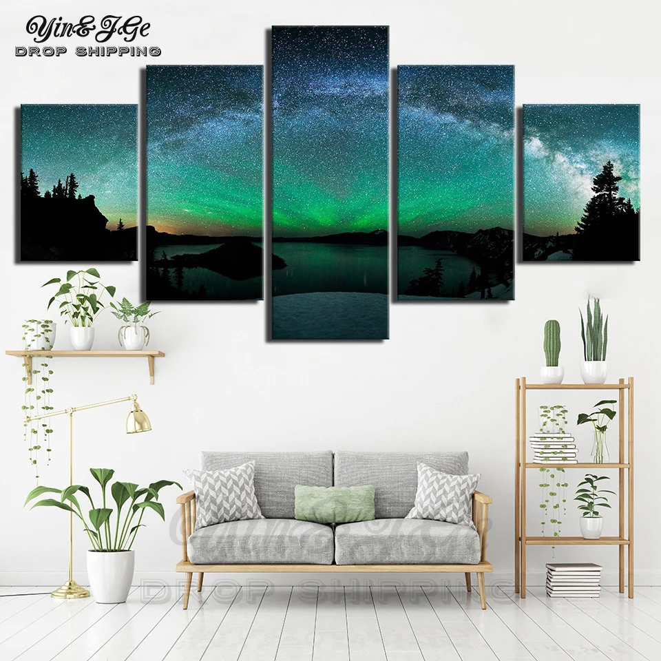 Гостиная современные HD печатных Wall Art фотографии алмазов картина 5 шт. Aurora Borealis