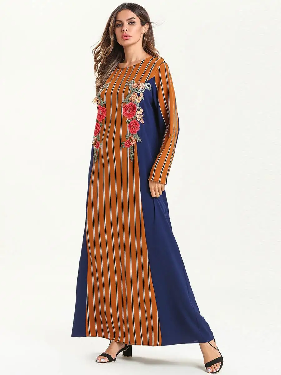 Элегантное платье с вышивкой Абаи в полоску Robe Абая для мусульман кимоно Рамадан