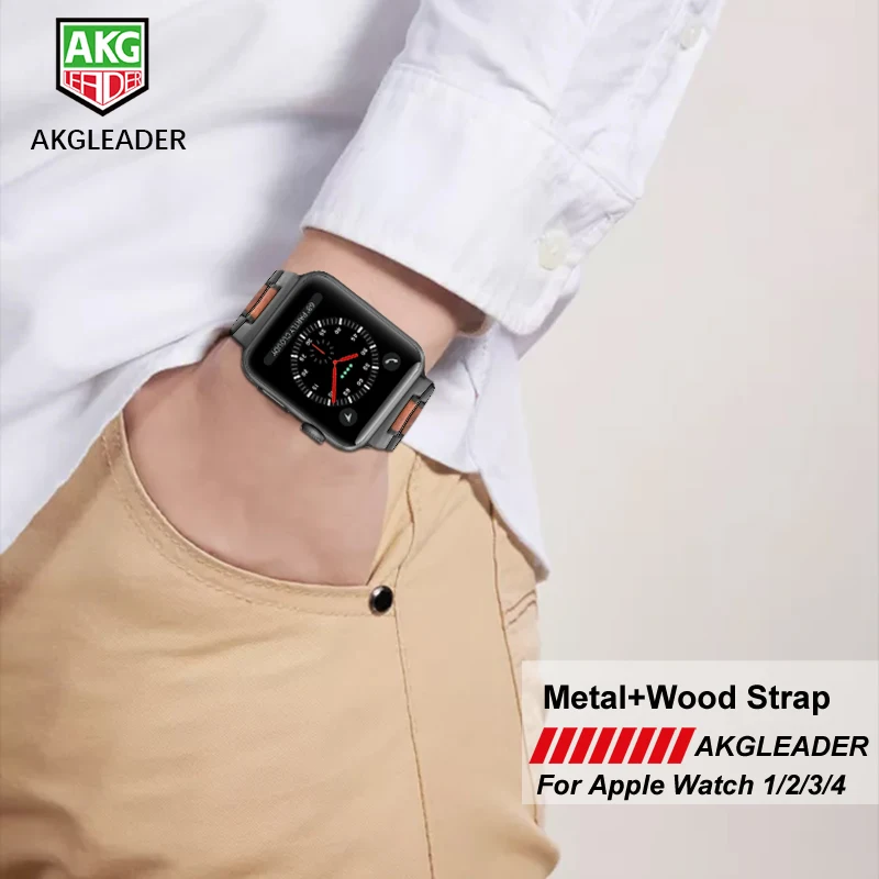 Ремешок из натурального дерева и металла для Apple Watch Series 1 2 3 4 38 мм 42 40 44 мм|Ремешки