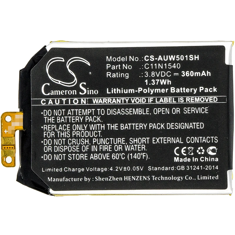 Cameron Sino Battery For Asus 0B200-01630100 C11N1540 Smartwatch Li-Polymer 360mAh / 1.37Wh | Электроника