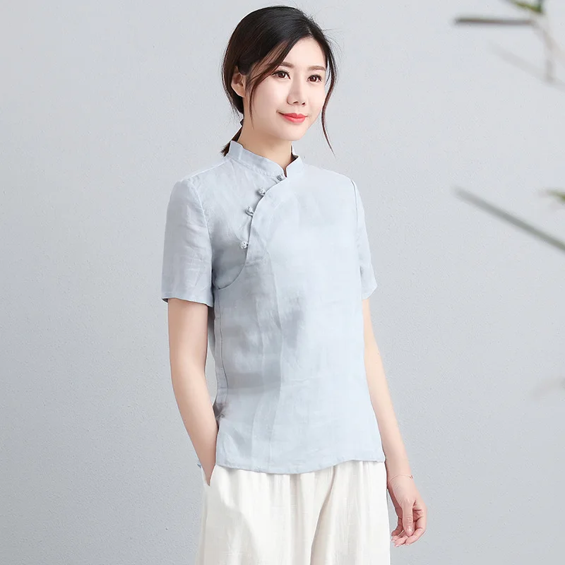 Летняя футболка с коротким рукавом тонкая хлопковая льняная одежда Ramie Zen чайная