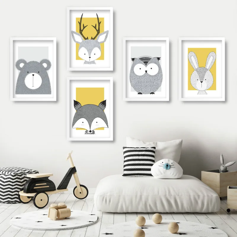 

Nursery Art Animals Gallery Wall Art Prints Yellow Bear Fox Deer Owl Rabbit Scandinavian Sketch Picture Posters Kids Room Decor
