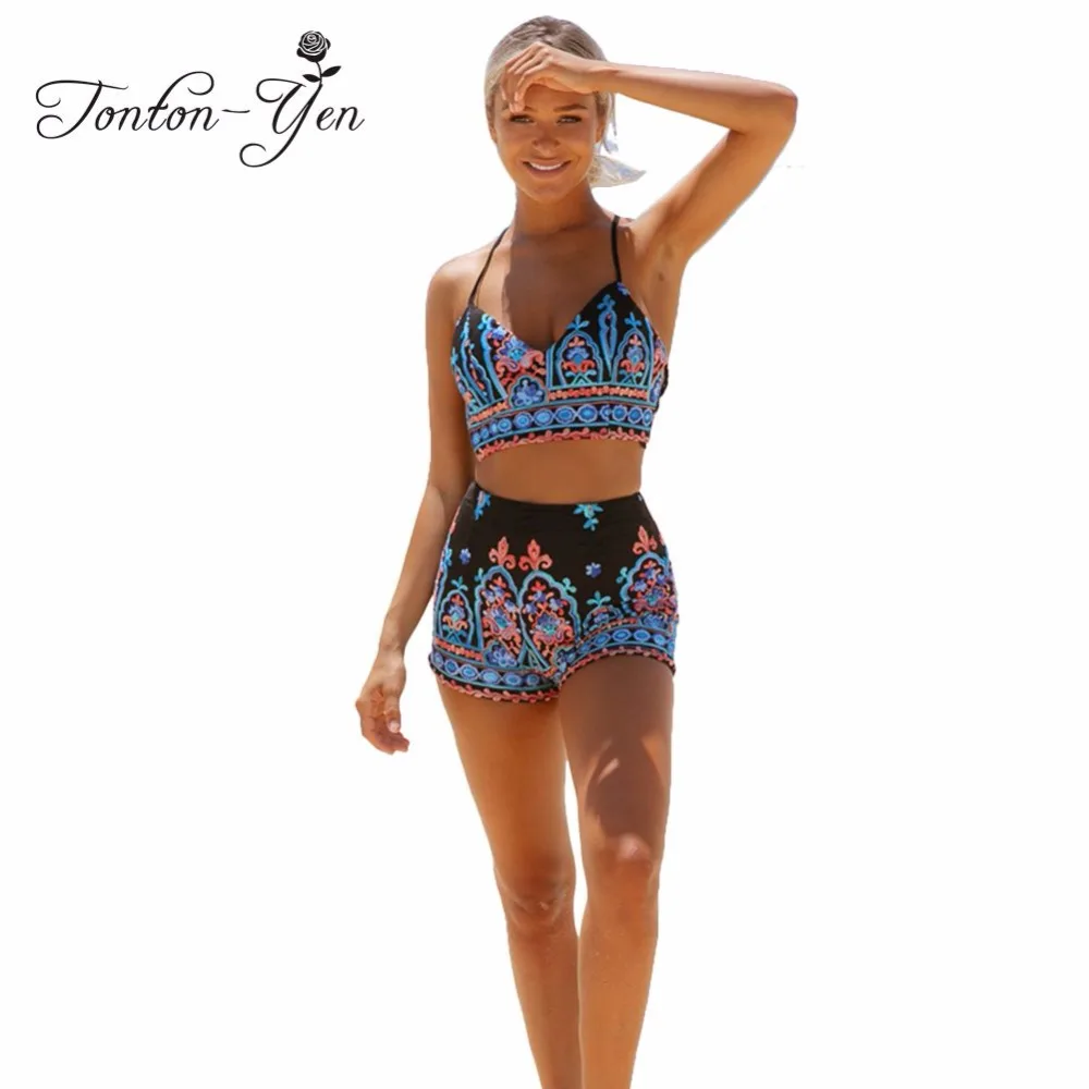 Лето 2018 винтажный комплект Танкини с принтом высокая талия женский купальник