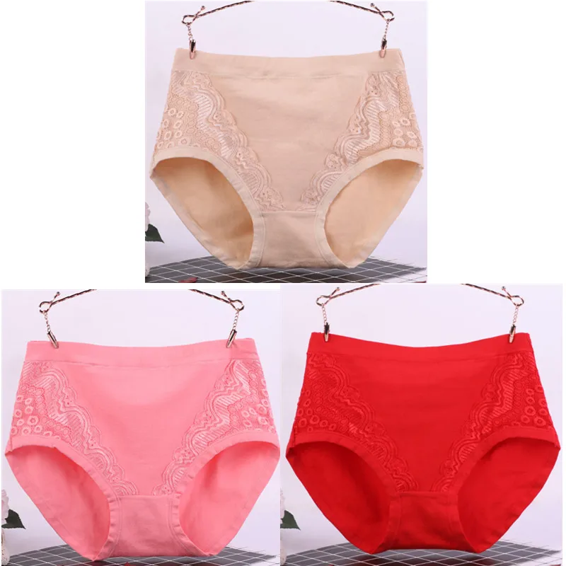 skin pink red 3 шт./лот, XL-6XL, большие размеры, высокая талия, женские трусики, одноцветные хлопковые трусы, нижнее белье, женские сексуальные кружевные бесшовные трусы 6634 - Цвет: skin pink red