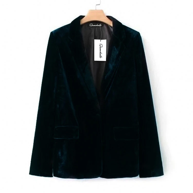 2021 Spring Autumn Dark Green Velour Blazer Coat Women Office Lady Notched Collar Long Sleeve Slim Suit Jacket Casual Outwear
