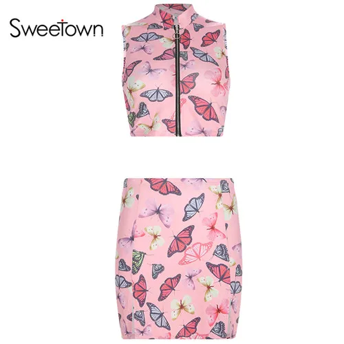 set Sweetown бабочка печати Kawaii женские туфли из двух частей комплект спортивный костюм Для женщин сладкие Стиль розовый наряд комплект: укороченный топ и юбка в уличном стиле - Цвет: set