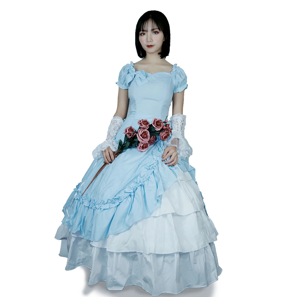 

Lolita Women Long Ball Gown Princess Dress Victorian Bow Blue Party Cosplay Dress Halloween Costumes