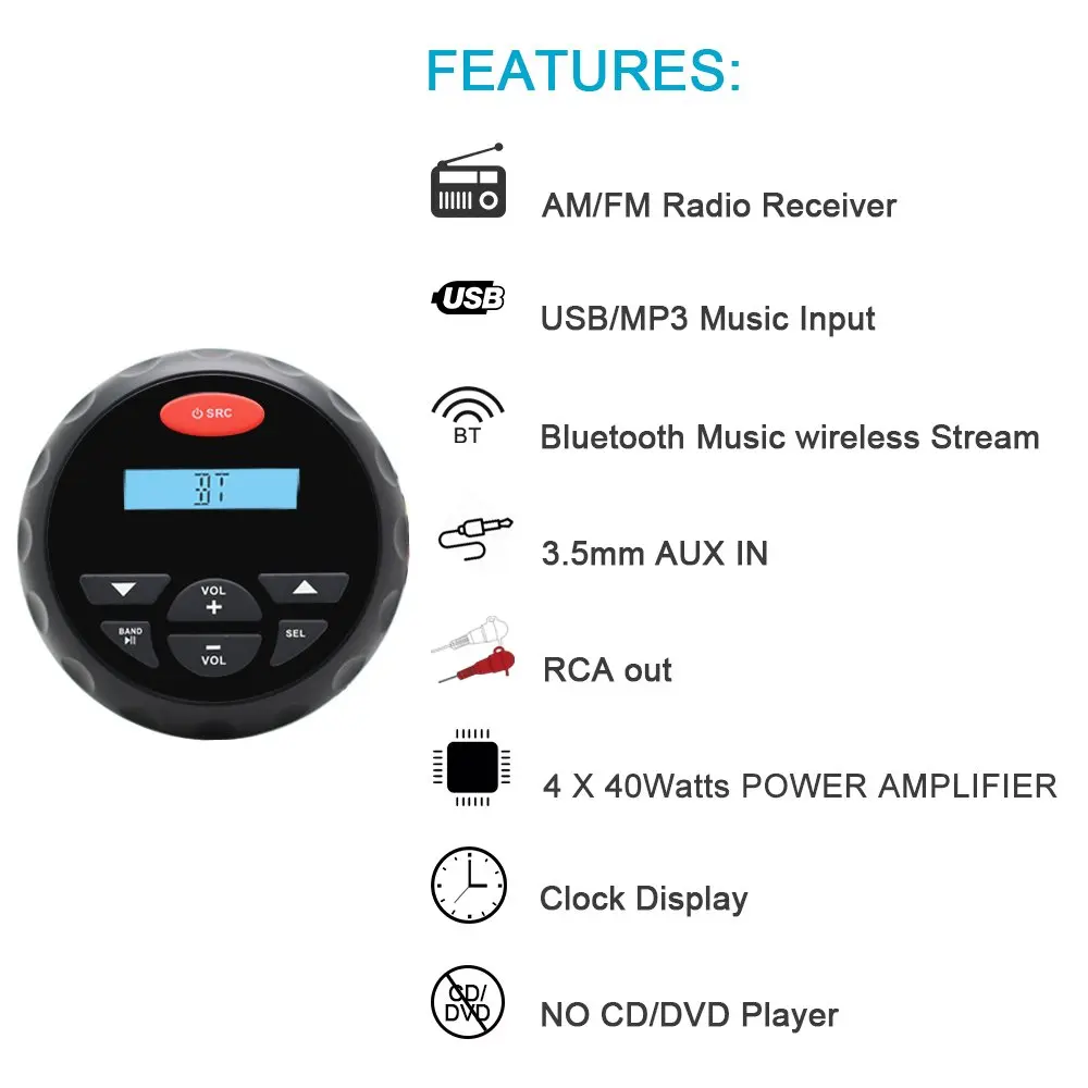 Морской Bluetooth стерео FM AM приемник радио MP3 плеер USB 4 дюйма Водонепроницаемый