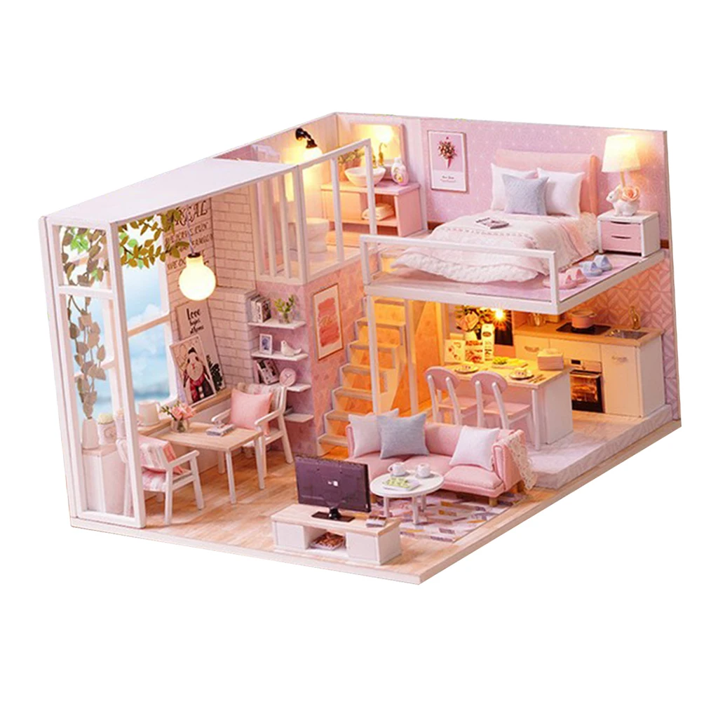 1/24 DIY Миниатюрный розовый дуплексный набор для кукольного дома детей 6