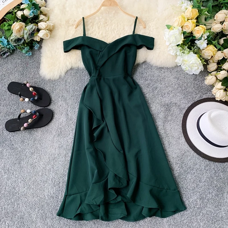 ALPHALMODA женское изящное плиссированное платье с открытыми плечами, тонкое асимметричное платье на бретельках, Летнее Платье До Колена