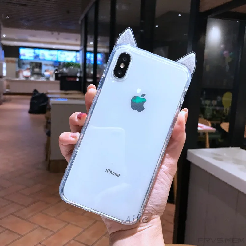 Applicable to iphone xs max transparent phone case Apple XR cat ears 6S side drill 7plus protective cover |