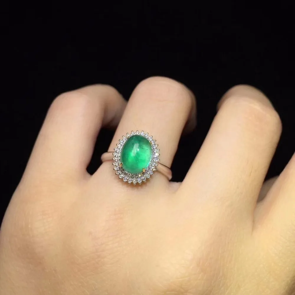 Fine Jewelry CQT 18K Gold 100% Natural Vivid Green Emerald Cabochon Gems 2.21ct 18k Diamonds Female Ring for Women Rings | Украшения и