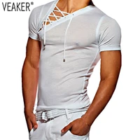 2021 new mens fitness gyms t shirt male sexy bandage hollow out white short sleeve t shirt men sexy v neck tshirt tops m 3xl
