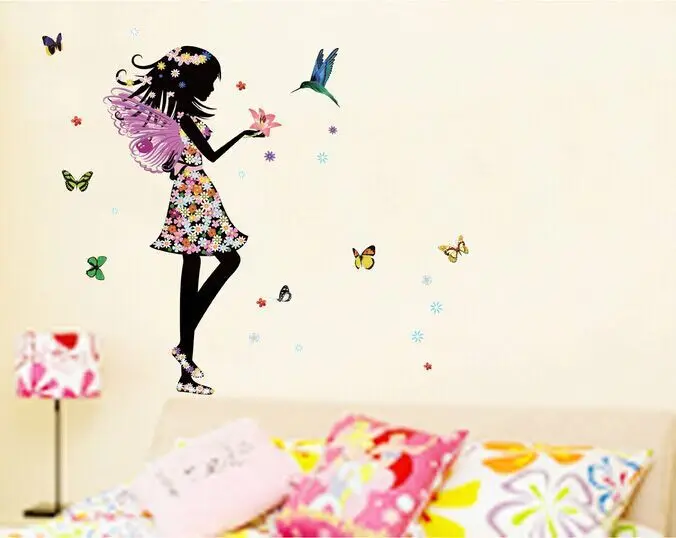 Romantic Cartoon Angel Wings Flower Fairy Beautiful Girl Butterfly DIY Wall Stickers Mural Decal Kids Room Home Decor JM8337 | Дом и сад