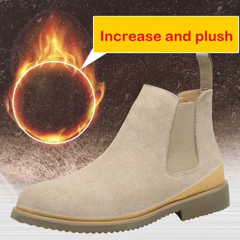 Plush increase Sand Misalwa/роскошные ботинки «Челси»; мужские классические простые Замшевые Зимние ботильоны; Мужские модельные ботинки на плоской подошве, визуально увеличивающие рост - Цвет: Plush increase Sand
