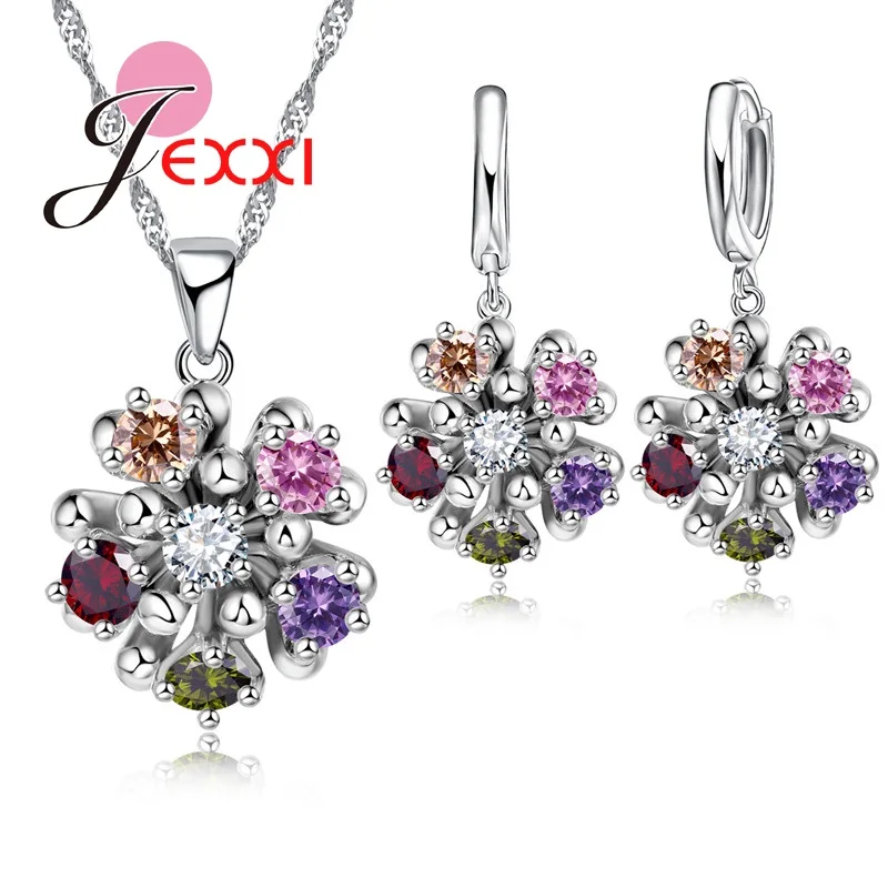 

Luxury Jewelry Sets 925 Sterling Silver Multicolor Flower Shape Bridal CZ Wedding Necklace Earrings For Brides