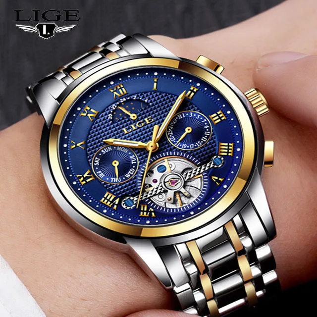 LIGE Luxury Brand Watch Men Casual Watches Mens Waterproof Automatic Mechanical Man Full Steel Sport Wristwatch 9851 | Наручные часы