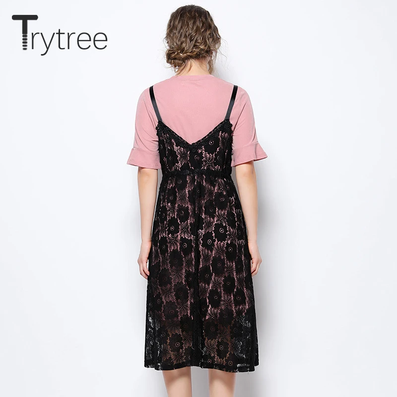 Trytree/летний женский костюм из двух предметов, Повседневный, одноцветное с расклешенными рукавами, Длинный топ+ платья на бретельках, кружевные ленты, ремень, костюм, комплект из 2 предметов