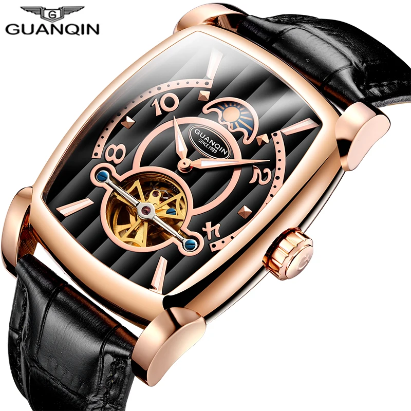 

Rectangle Tourbillon Mechanical Watches GUANQIN High end Automatic Watch Men Moon Phase Luminous Sapphire Leather band Watch men