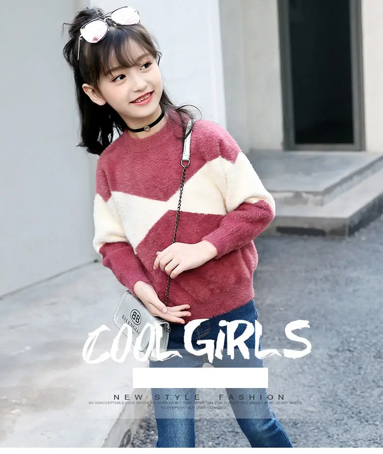 Teen Girl Sweater New Fashion Knit Thick O-neck Coat Contrasting Color Pullover Sweaters Cotton Knitwear Clothes 6 8 10 13Y