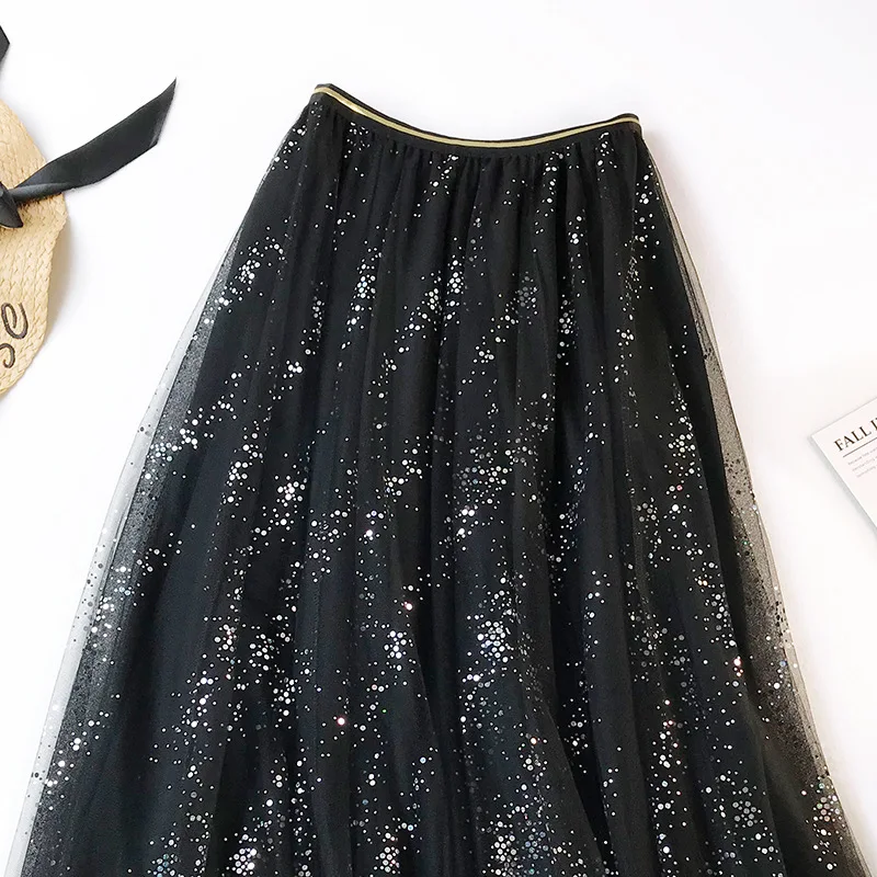 Женская юбка-макси средней длины блестящая юбка из тюля с блестками
