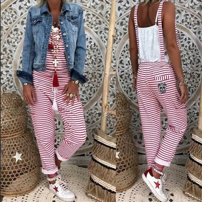 

Women Striped Jumpsuit Overalls Sleeveless Summer Jumpsuit Loose Casual Baggy Bib Pants Rompers
