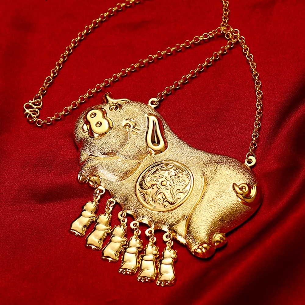 Ожерелье с кулоном в виде большой свиньи Lovely Big Pig Pendant Necklace Wealthy Symbolize Jewelry 1Yellow Gold Filled Womens Chain Gift.