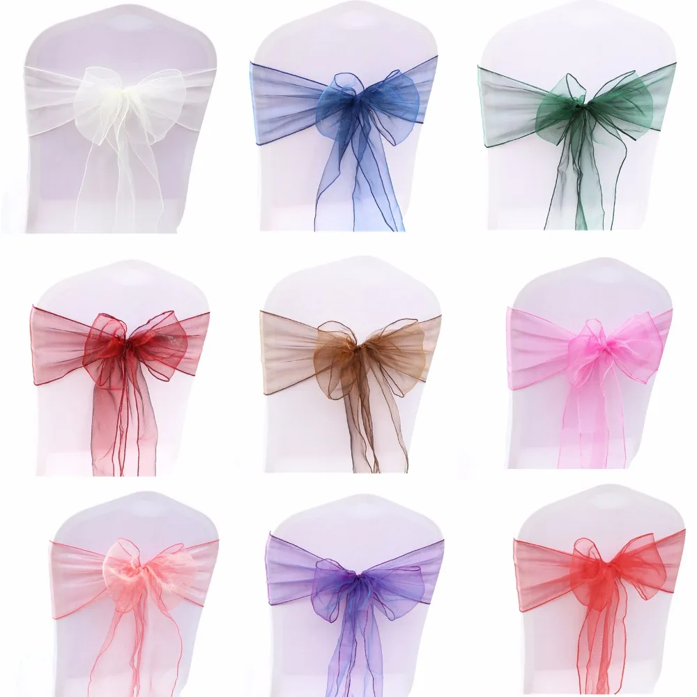 

25pcs Organza Chair Sash Bow For Wedding Party Cover Banquet Baby Shower Xmas Decoration Sheer Organza Fabric Supply 18cmx275cm