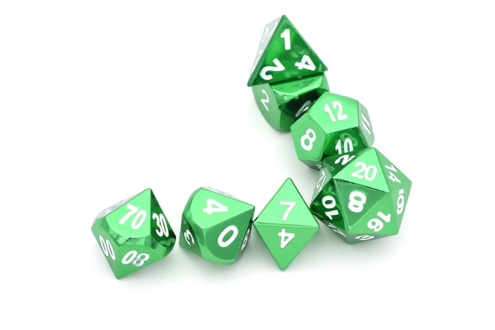 Зеленые металлические игральные кости DND многогранные игральные кости D20 D12 D10 D% D8 D6 D4 для ролевых игр MTG настольные игры с мешочком на шнурке