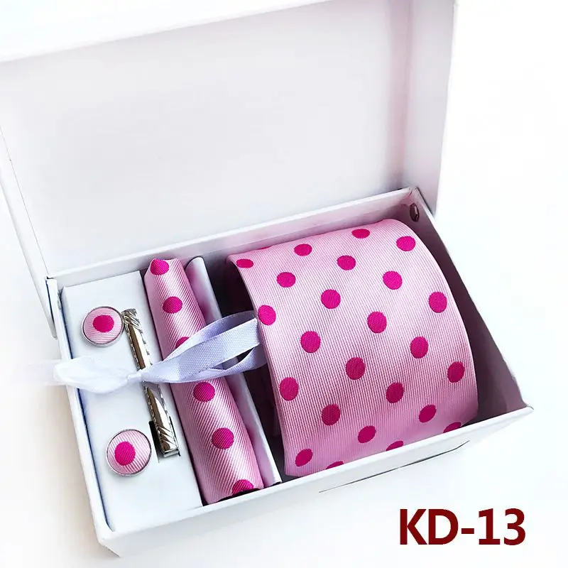 KD13 Новинка, модный галстук, набор, полиэстер, шелк, 8 см., галстуки в горошек, мужские галстуки для мужчин, галстук, платок, запонки, подарочная упаковка, KD01 - Цвет: KD13