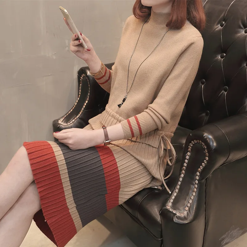2018 Fashion pullovers sweater Hot sale Solid color Full sleeve Turtleneck long sweaters New style 2 piece of false sets | Женская