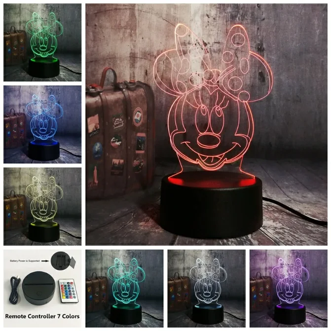 3D с героем мультика Минни Мышь светодиодный RGB светодиодный Ночной светильник 7 цветов изменить стол USB лампа для детей Детский Рождественский подарок новинка домашний декор - Испускаемый цвет: Controller 7 Color