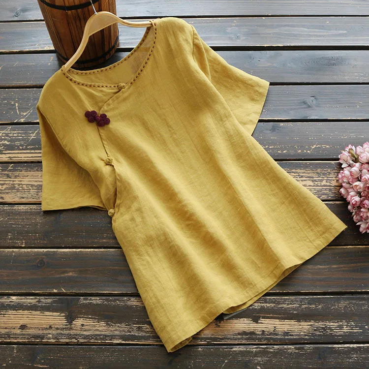 6418 Summer Women Literary Vintage Chinese Style T-shirts Buckle Loose Short Sleeve V-Neck Ramie T-shirt Tops | Женская одежда