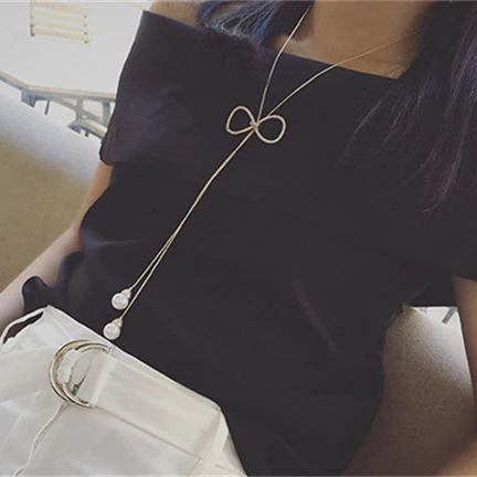 Ladies Rhinestone Bow Long Necklaces Sweater Chain Imitation Pearl Pendants Necklace Adjustable Tassel For Women | Украшения и