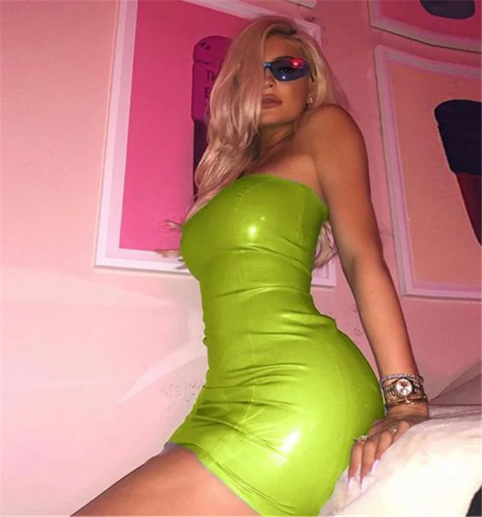 Женское облегающее мини платье из искусственной кожи Клубное без бретелек с