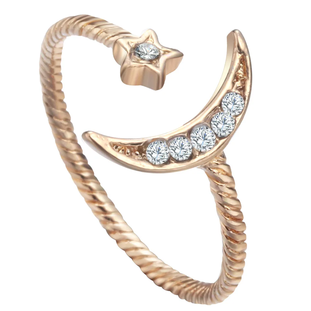 Kinitial Wholesale Crescent Moon and Star Ring Moonstone Sailor Women Wedding Open Austrian Crystal Jewelry | Украшения и