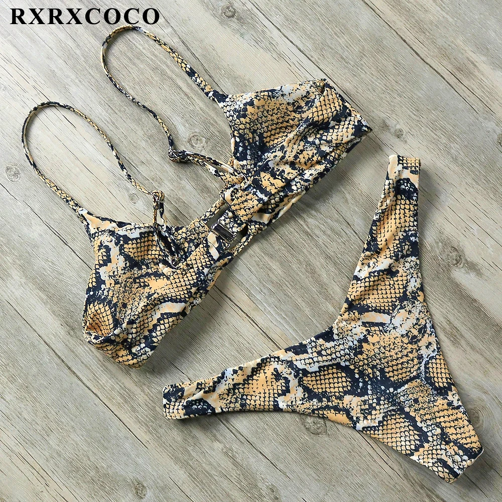 RXRXCOCO,, сексуальные стринги, бикини,, купальник для женщин, летний, купальный костюм, пуш-ап, Бразильское бикини, змеиный принт, купальник, бикини