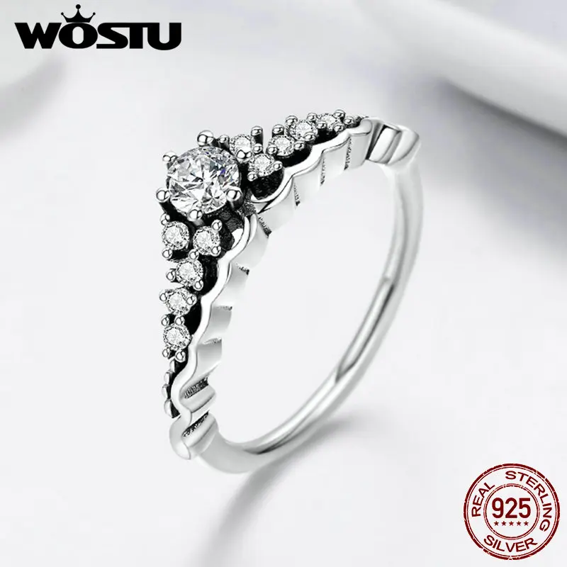 WOSTU Роскошные 100% 925 пробы серебро сказка Тиара кольцо ясно CZ палец для Для женщин