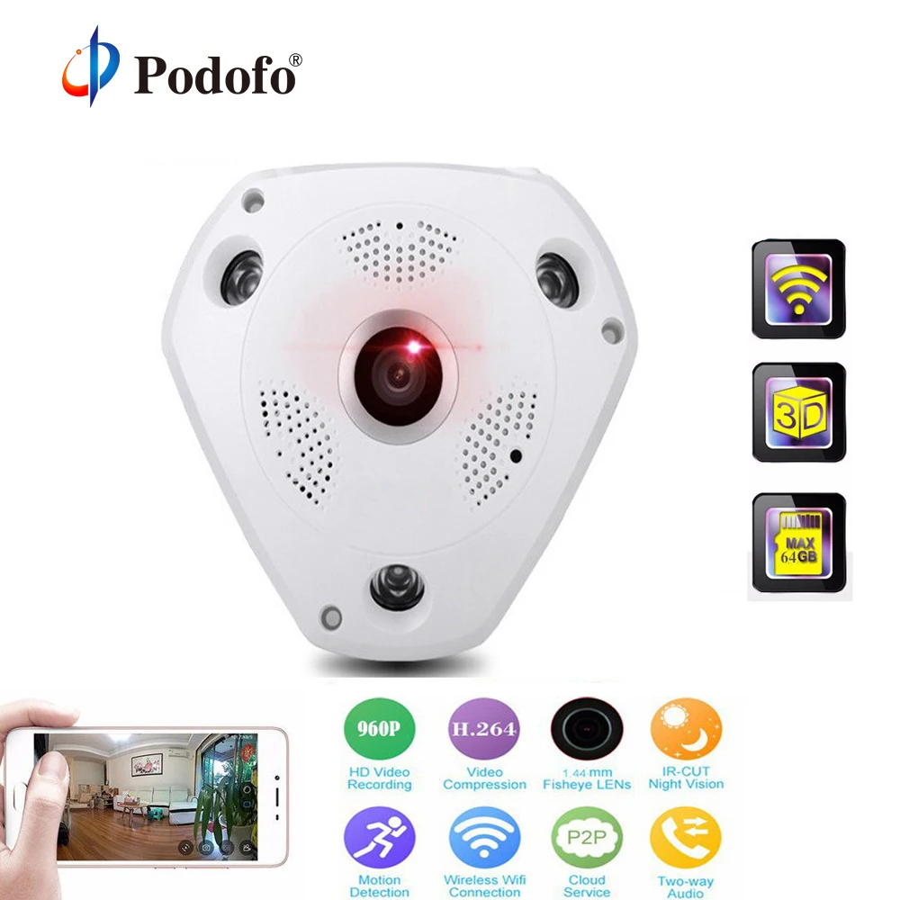 Podofo 960P Wifi камера 360 градусов Беспроводная панорамная Домашняя безопасность 3D VR IP
