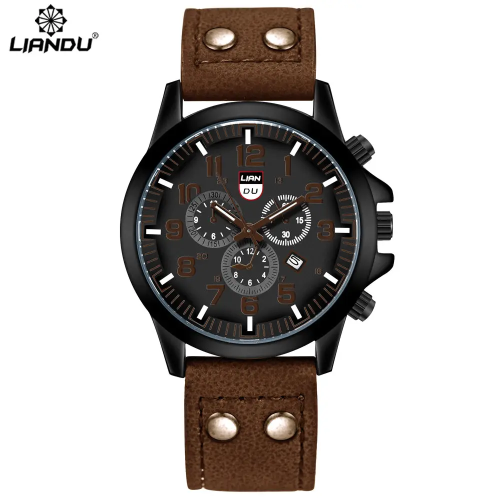 Brown LIANDU Мужчины Марка Спортивные Часы Кожа смарт часы наручные мужские Повседневная Кварцевые Часы Моды Военный Наручные Часы relogio masculino компас часы - Цвет: Brown