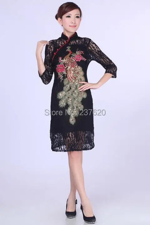 Free shipping Peacock qipao chinese women's Lace cheongsam traditional dress Qipao short 3 color E0014 |