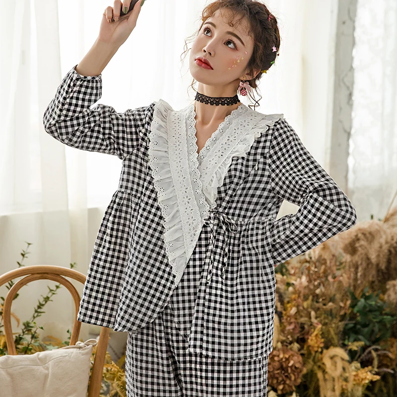 Пижама для беременных летняя кормящих матерей с длинным рукавом в клетку женщин