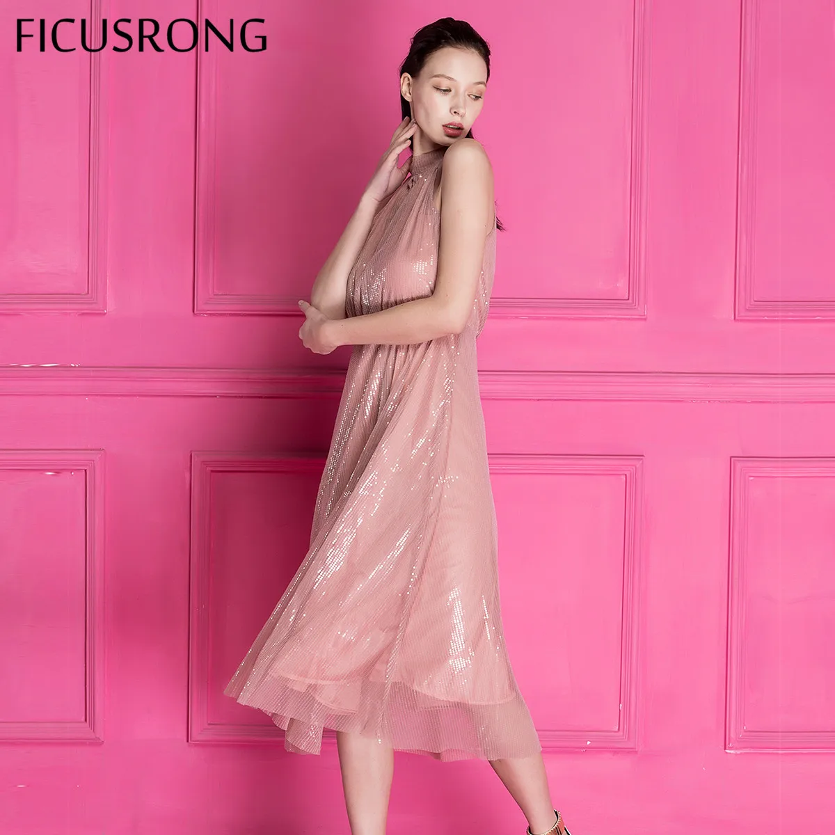 FICUSRONG 2019 новый элегантный блесток длинное платье для женщин Винтаж с открытыми