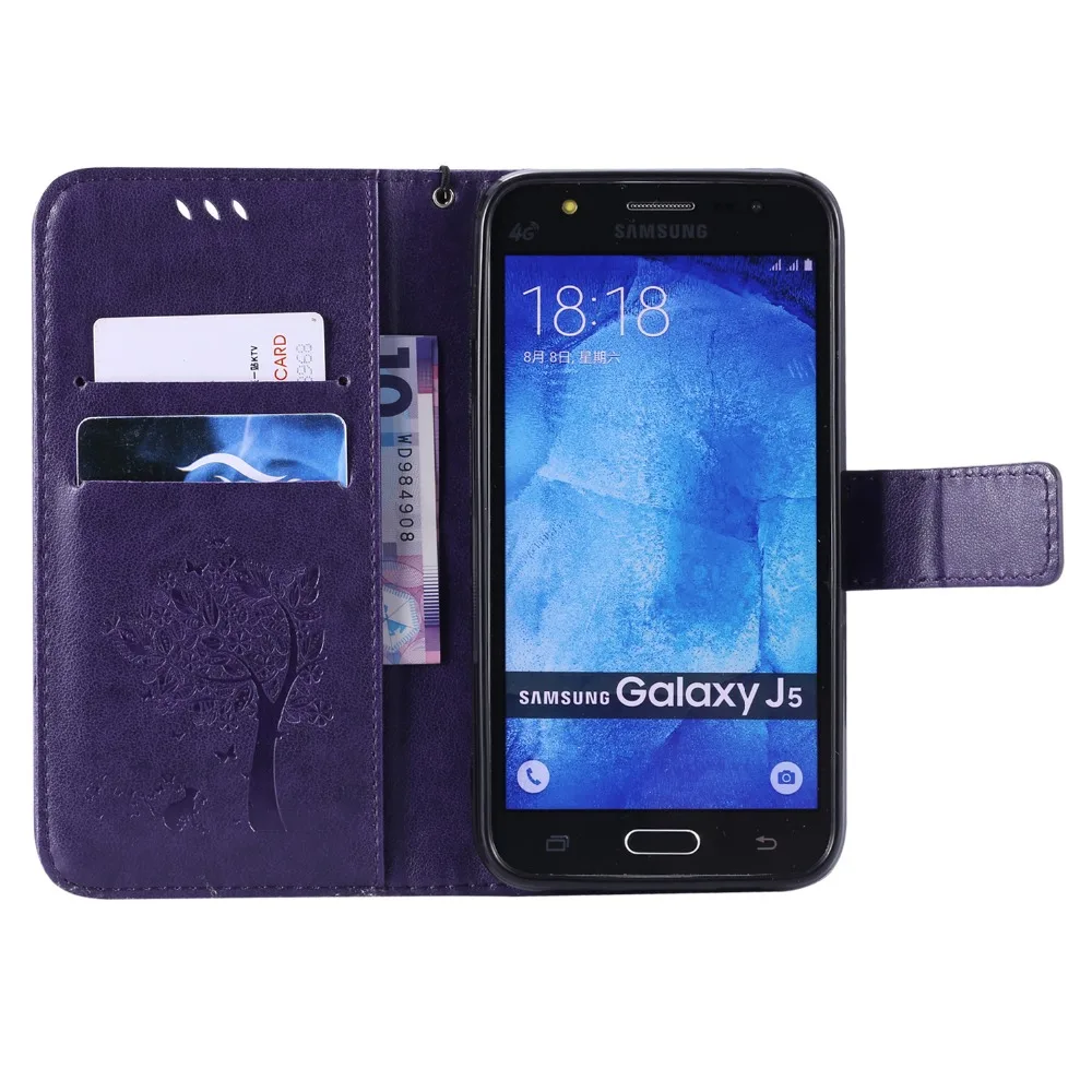 Для Samsung Galaxy J5 Чехол кожаный Роскошный кошелек PU чехол для телефона 2015 Кот дерево