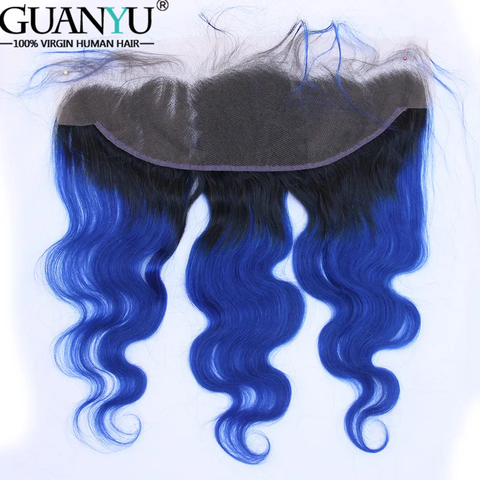 Guanyuhair Ombre # 1B/синий 3 Связки с 13x4 синтетический Frontal шнурка волос синтетическое