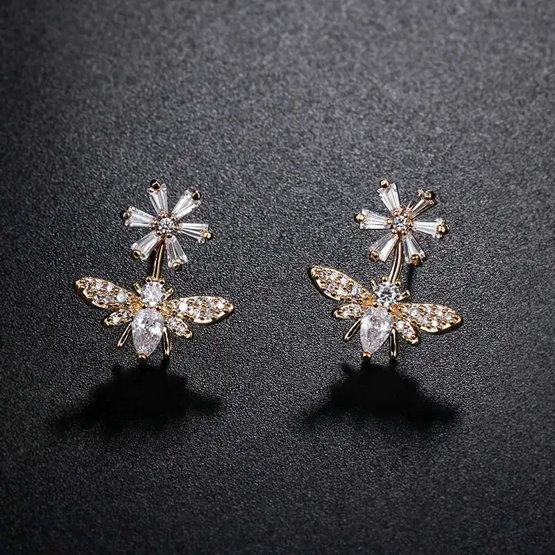 gold clear MIEG брендовые серьги-гвоздики с фианитами и кристаллами в виде пчелы и цветка для женщин, золотистый/серебристый цвет - Окраска металла: gold clear